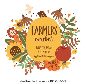 Harvest Festival poster. Autumn fest banner decorated pumpkin, sunflower fall leaves Fall harvest vector illustration. Autumn food Fall farmers market banner design. Eat local food. Farm organic food.