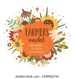 Harvest Festival poster. Autumn fest banner decorated pumpkin, sunflower fall leaves. Autumn harvest vector illustration. Autumn food Fall farmers market banner design. Farm organic food. Eco food