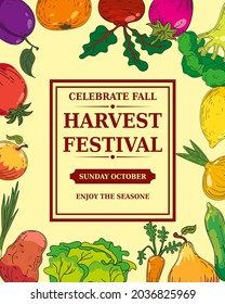 Harvest Festival poster, autumn fruits and vegetable ripe and juicy. Hand drawn organic products, fall. Vector retro, vintage banner, illustration, flyer, card