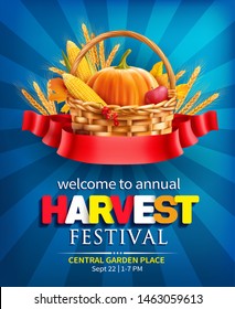 Harvest festival poster design with basket and ribbon. Invitation for crop fest. Vector illustration.