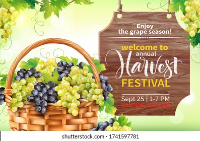 Harvest festival poster design with basket with grapes and wooden signboard. Invitation for crop fest. Vector illustration.