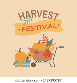 Diseño de cartel del festival de cosecha. Carrito con verduras de otoño. Calabazas dibujadas a mano, hojas y letras escritas a mano. Plantilla de Vector para postal, tarjeta de invitación, cartel, Anuncio, folleto. 