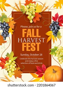 Harvest festival poster design with grapevine. Invitation for crop fest. Vector illustration.