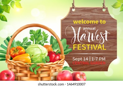 Harvest festival poster design. Invitation for crop fest with signboard and basket with vegetables. Vector illustration.