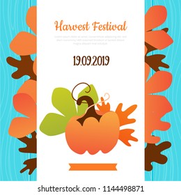 Harvest festival poster design with pumpkin and leaves. Vector illustration.