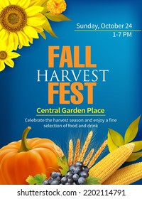 Harvest festival poster design with pumpkin, corn, grape and sunflowers. Invitation for crop fest. Vector illustration.