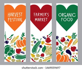 Harvest festival poster drawn by hand. Farmer's market, organic food vector color illustration. Registration of holidays, invitations, printing. Cute cartoon vector illustration.