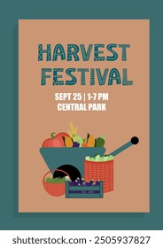 Harvest festival poster featuring cart, basket and crates filled with vegetables like corn, pumpkins, and carrots. Vector in flat style for festival promotions, seasonal decor, and event advertising