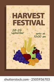 Harvest festival poster featuring fruits like grapes, apples, pears, apricots, cherries, and wheat stalks.  Perfect for festival promotions, farm markets, and seasonal event decorations.