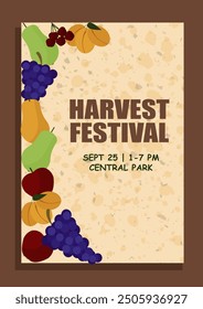 Harvest festival poster featuring grapes, apples, pears, apricots and cherries arranged on the side. Vector illustration in flat style. For festival marketing, event posters, and seasonal decorations.