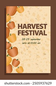 Harvest festival poster featuring pumpkins arranged along the side of the design. Vector illustration in flat style. Ideal for autumn harvest events, seasonal decorations, and farm markets.