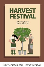 Afiche del festival de la cosecha con una mujer joven y un hombre cosechando kiwis. Ilustración vectorial en estilo plano. Perfecto para promover eventos de cosecha de otoño, mercados agrícolas y festivales agrícolas.