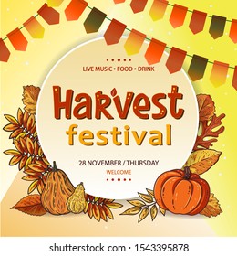 Harvest festival poster or flyer design with hand lettering label. Autumn harvest fest. Vector colorful template with pumpkins, autumn leaves, lettering sign and garland. Fall season elements