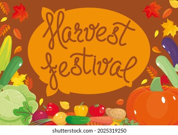 Harvest festival poster with fresh vegetables. Autumn background. Healthy vegetarian food, farm products. Vector illustration, cartoon objects, icons, simbols, banner, flyer.
