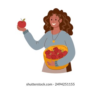 Harvest festival poster. Happy harvest poster. Autumn, harvest and Thanksgiving concept. Woman with basket of apples isolated on white.