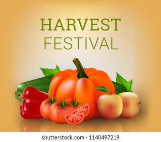 Harvest festival poster. Pumpkin, red tomatoes, pepper, cucumber, apple. Vector Illustration