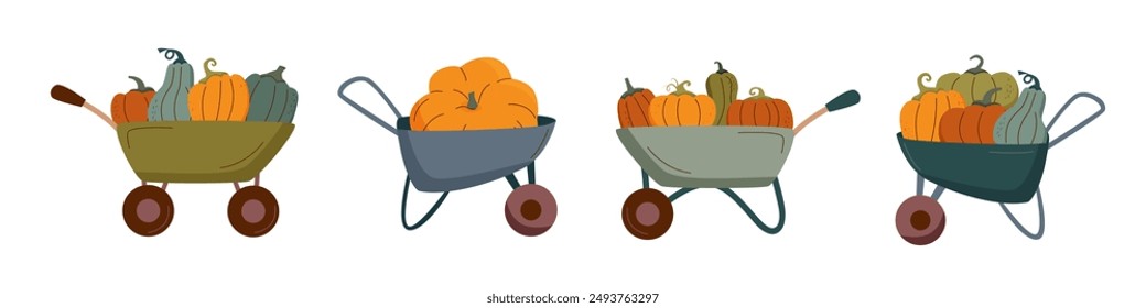 Harvest festival poster. Set of carts with pumpkins isolated on white. Harvest concept. Autumn concept.