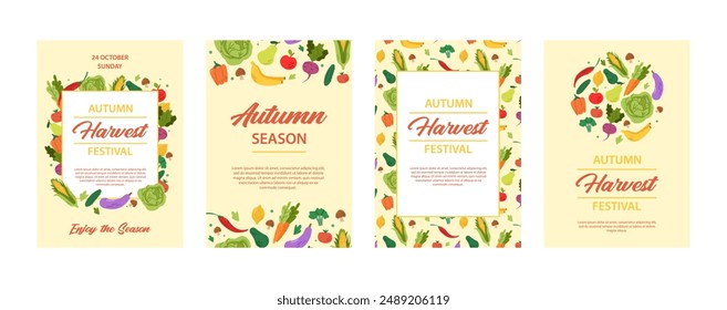 Harvest Festival Poster Set. Hand Drawn Vector Banner Templates with Text for Agricultural Fair. Vegetable Harvest Flat Vector Illustration.