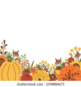 Harvest Festival poster. Vegatable frame. Autumn farm market festivel banner decorated pumpkin, sunflower fall leaves. Fall harvest vector illustration. Fall farmers market banner. Local organic food