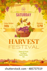 Harvest Festival Poster. Vineyard Autumn Landscape Background, Winemaking Farm Panoramic View. Fall Party Invitation Design. European Wine Making Tradition, Grapes Basket. Farming Vector Illustration