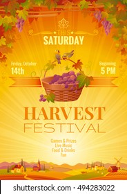 Harvest festival poster. Vineyard autumn landscape background, winemaking farm panoramic view. Fall party invitation design. European wine making tradition, grapes basket. Farming vector illustration
