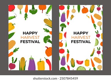 Harvest festival posters, cards. Different vegetables - pumpkin, tomato, eggplant, carrot, corn, cabbage. Happy harvest background. Fall harvest flyer, invitation, banner, cover.