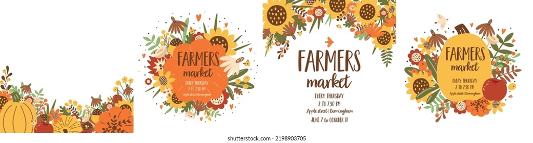 Harvest Festival posters set. Autumn fest banner collection. Cute pumpkin, sunflower fall leaves. Autumn harvest market invitation collection. Vector illustration. Local food poster design.