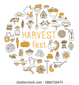 Harvest Festival. Round frame made of symbols of autumn, harvesting and farming. Thanksgiving card, poster, invitation or congratulation. Vector hand-drawn illustration in doodle style.