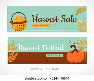Harvest festival set banner design with pumpkin and leaves. Vector illustration promotion