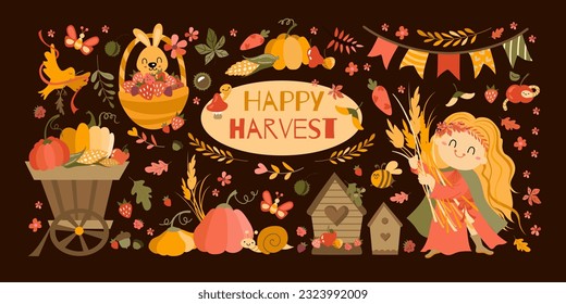 Harvest Festival Set. Hand drawn lettering phrase and Happy harvest symbols.