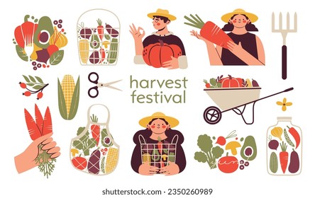 Harvest Festival. Set of vector clip arts with farm workers, basket full of fresh vegetables, wheelbarrow, hand holding carrots, fork, eco bag. Agricultural worker selling organic natural products. 