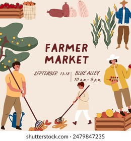 Harvest festival square colorful poster , advertisement of seasonal agricultural event, local market, local eco products. Place for text.