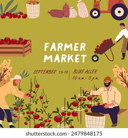 Harvest festival square colorful poster , advertisement of seasonal agricultural event, local market, local eco products. Place for text.