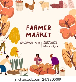 Harvest festival square colorful poster , advertisement of seasonal agricultural event, local market, local eco products. Place for text.