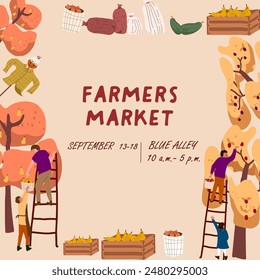 Harvest festival square colorful poster , advertisement of seasonal agricultural event, local market, local eco products. Place for text.