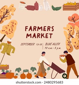 Harvest festival square colorful poster , advertisement of seasonal agricultural event, local market, local eco products. Place for text.
