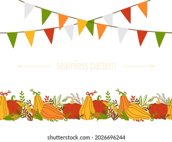 Harvest Festival, Thanksgiving Day, Hello Autumn - seamless banner with place for holiday quote, flag ribbon. Vector illustration for seasonal design posters.

