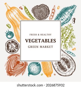 Harvest festival vector frame design in color. Vegetables, herbs, mushrooms backdrop with hand-sketched elements. Healthy food ingredients banner template for recipes, web banners, menu, ads.