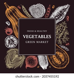 Harvest festival vector frame design in color. Vegetables, herbs, mushrooms backdrop with hand-sketched elements. Healthy food ingredients banner template for recipes, web banners, menu, ads.