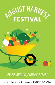Harvest Festival. Vector illustration for Farmer Market, Seasonal Farmer Fair. Garden wheelbarrow with vegetables on green. Minimalist style design. Cover template, poster, billboard, advertising.