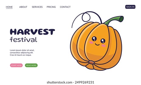 Harvest Festival Website, Web-Seite Design mit Kawaii Kürbis Charakter. Flaches Design. Konzept des Bauernmarktes.