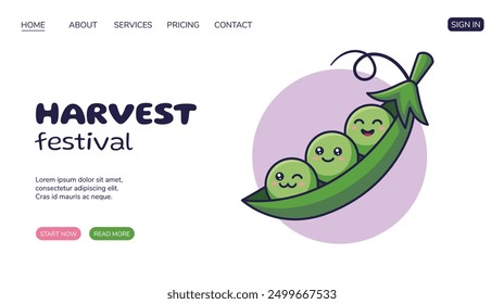 Harvest Festival Website, Web-Seite Design mit Kawaii grünen Erbsen Charakter. Flaches Design. Konzept des Bauernmarktes.