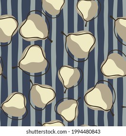 Harvest food seamless pattern with abstract pear elements ornament. Navy blue and grey striped background. Designed for fabric design, textile print, wrapping, cover. Vector illustration.