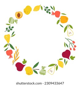 Marco de cosecha. Frutos redondos, verduras, sones bordean el espacio de copia aislado en el fondo blanco. Verano, diseño otoñal Para afiche, pancarta, portada, invitación, diseño de embalaje, marca. Marco circular