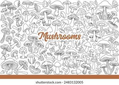 Harvest of fresh mushrooms collected in forest, suitable for food or poisonous. Mushrooms of different sizes grow in groups or singly, for design of products for mushroom pickers. Hand drawn doodle