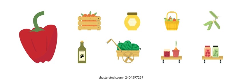 Harvest with Fresh and Ripe Organic Food and Product Vector Set