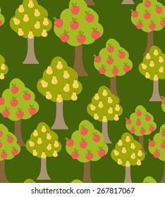 Harvest fruit trees. Texture with variety of Apple and pear tree in garden. Fall season previews. Seamless pattern.