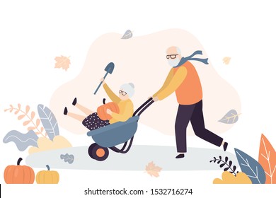 Harvest funny background. Grandfather pushes cart in which joyful grandmother sits. Old woman with pumpkin. Farmers or gardeners elderly characters. Vector illustration