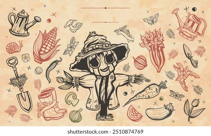 Harvest. Garden frame. Vegetables. Cover page template. Art background. Medieval manuscript style. Scarecrow, watering can, garden cart, boots, shovel. Old paper vector