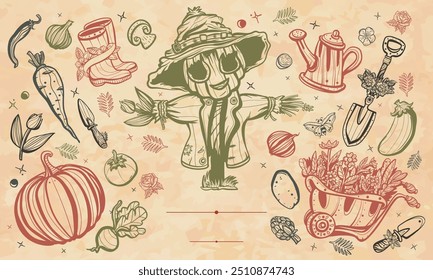 Harvest. Garden frame. Vegetables. Scarecrow, watering can, garden cart, boots, shovel. Old paper vector. Cover page template. Art background. Medieval manuscript style